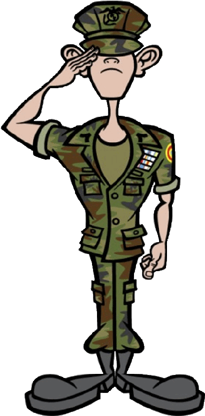 Cartoon 桌布 壁紙 — 一個穿著迷彩服的卡通士兵在黑色背景下嚴肅地敬禮。