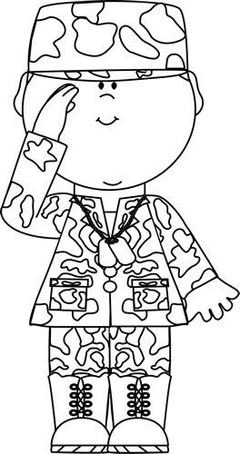 Clip Art 桌布 壁紙 — 一個穿著迷彩服的開心卡通士兵，用飾有星星的袖子和狗牌敬禮。