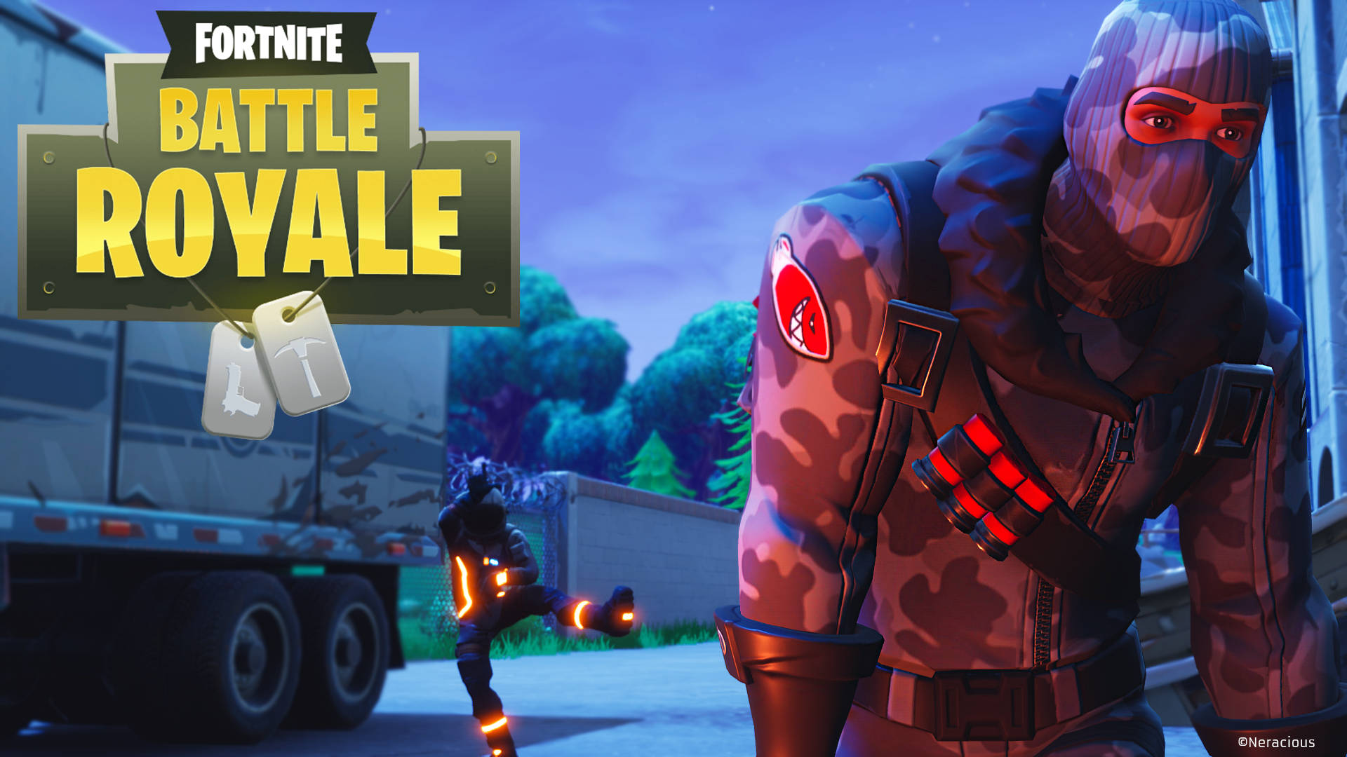 Fortnite Battle Royale 桌布 壁紙 — 一個穿著迷彩裝備的 Fortnite Battle Royale 角色站在卡車旁，而另一個玩家則穿著發光的橙色靴子跳躍。