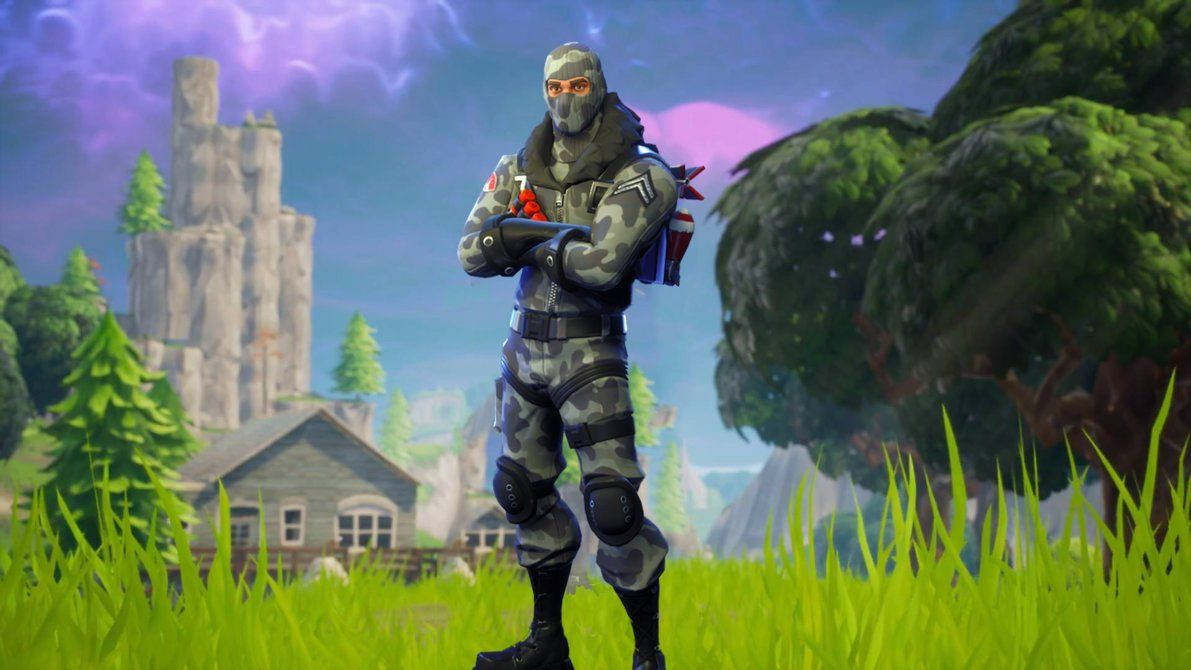 Fortnite Dance 桌布 壁紙 — 一個穿著迷彩裝備的Fortnite角色自信地站在草地上，背景有城堡和樹木，天空呈紫色。