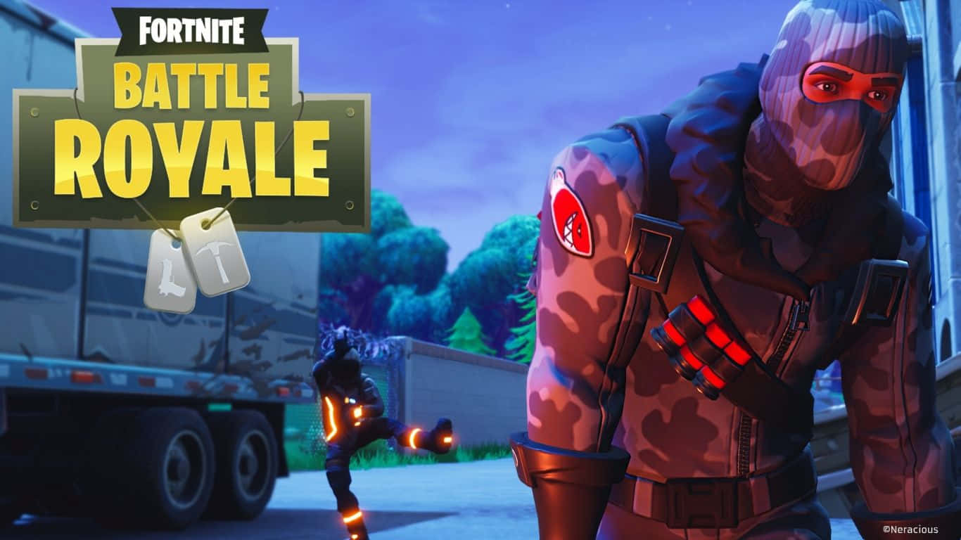 要塞英雄 大逃殺 桌布 壁紙 — 一個穿著迷彩裝備的Fortnite Battle Royale角色站在一輛帶有發光橙色點綴的卡車旁邊，背景是黃昏天空。