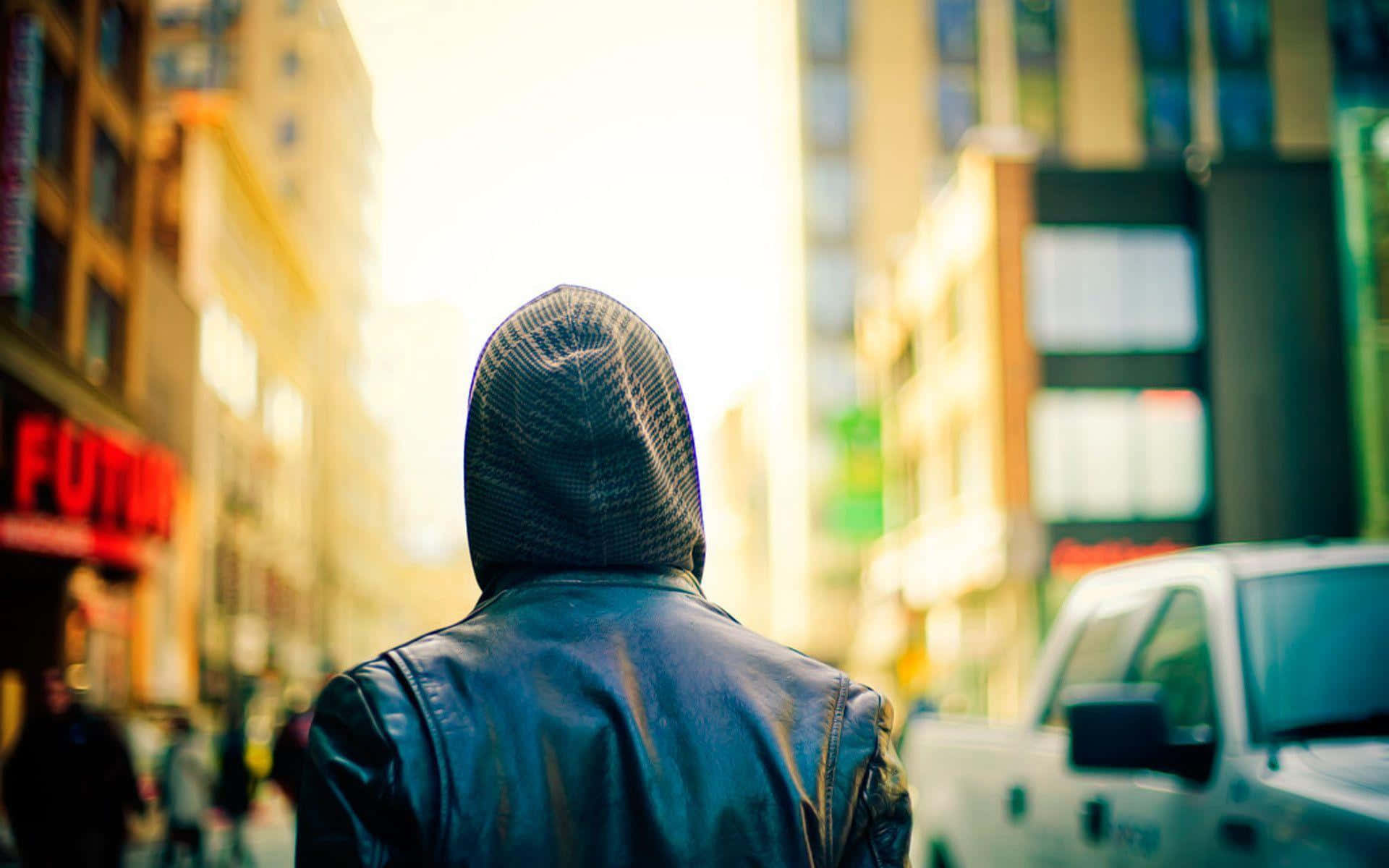 人物 桌布 壁紙 — 一個穿著連帽外套的人沿著陽光明媚的城市街道走遠，附近有模糊的建築物和一輛卡車。