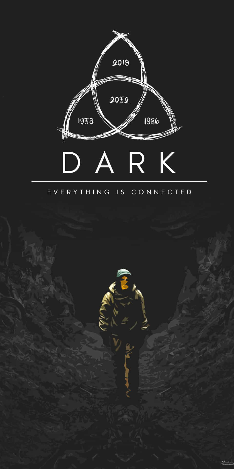 一個穿著連帽外套的人，站在一個帶有年份和DARK字樣的三曲腿圖符號下的黑暗隧道中。 — 黑暗森林 壁紙