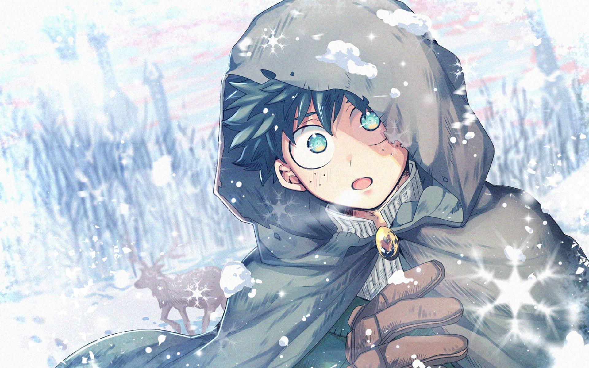 綠谷出久 桌布 壁紙 — 一個穿著連帽外套的驚訝動漫男孩站在雪地森林中，背景有一隻鹿。