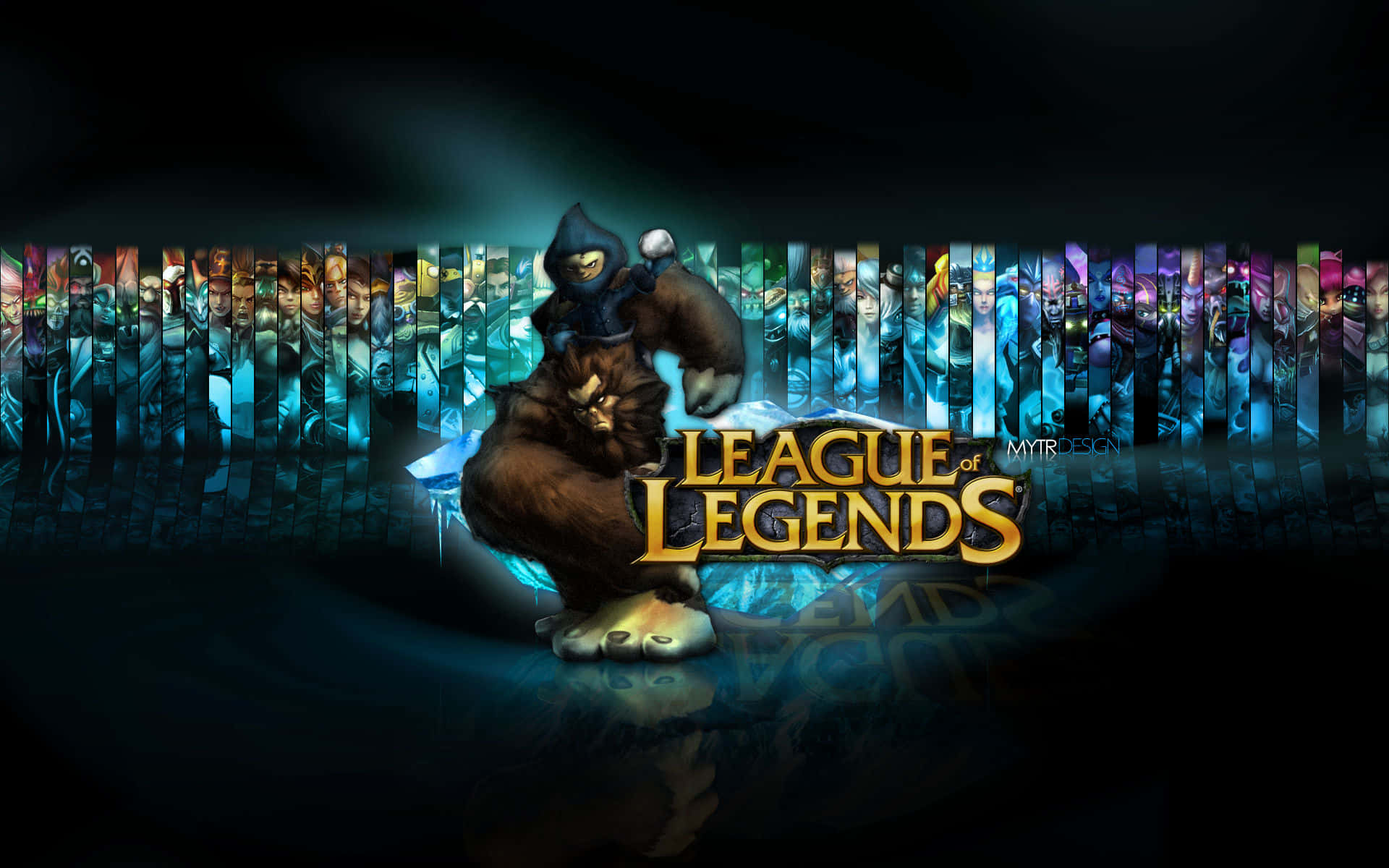 Best League Of Legends 桌布 壁紙 — 一個穿著連帽斗篷的大型毛茸茸角色坐在發光的藍色平台上，背後有《英雄聯盟》標誌和一排角色肖像。