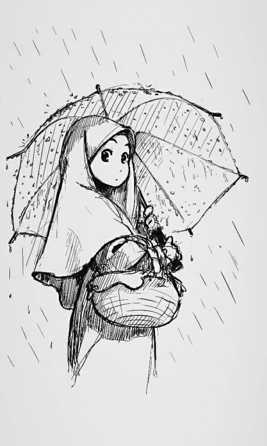 藝術 桌布 壁紙 — 一個穿著連帽斗篷的年輕女孩拿著雨傘和一個籃子，雨水在她周圍以精緻的黑白素描流下。