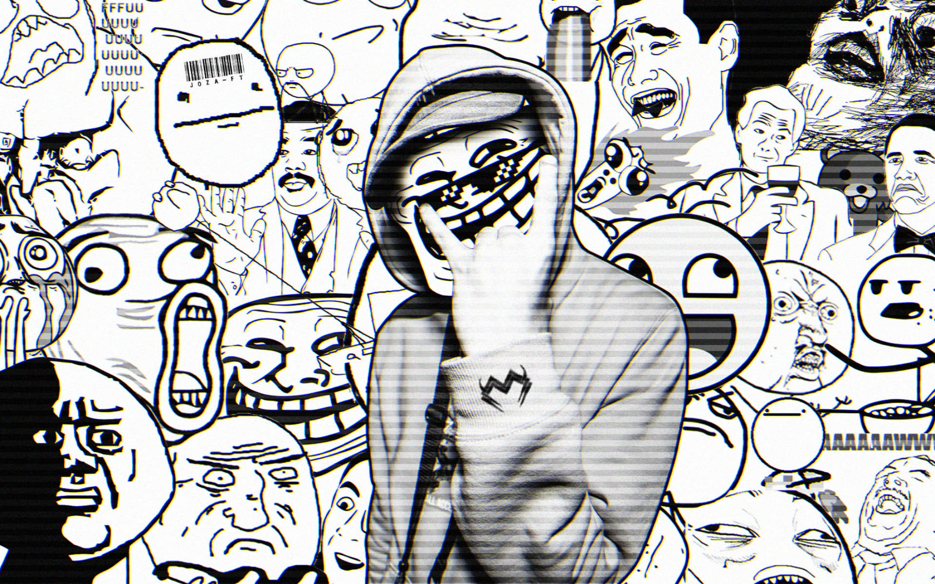 faces 桌布 壁紙 — 一個穿著連帽衫、戴著骷髏面具的人，站在黑白網路迷因和扭曲面孔的混亂拼貼中。