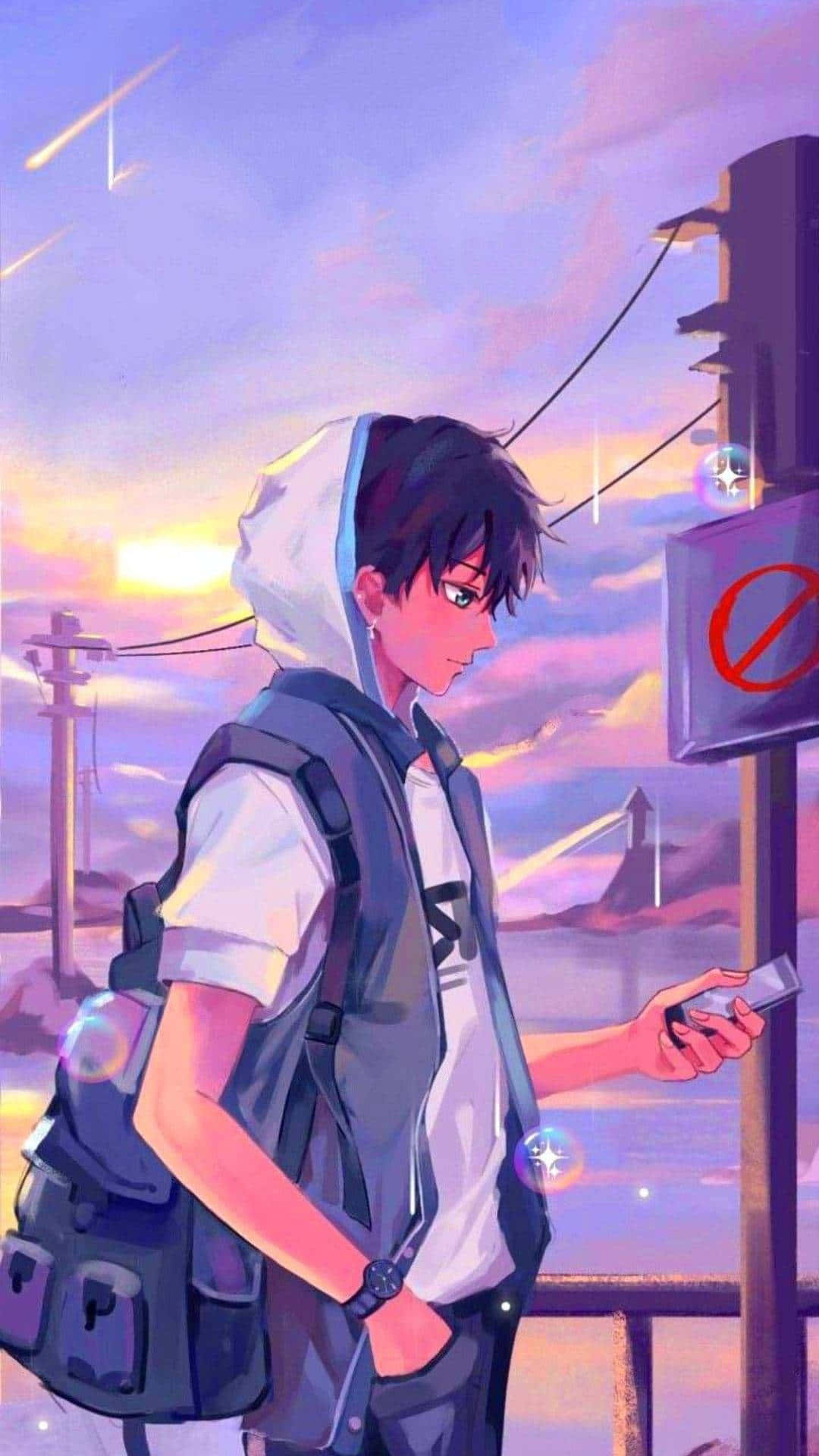 動漫男孩 桌布 壁紙 — 一個穿著連帽衫和背包的年輕動漫男孩站在街角，手持電話，色彩繽紛的日落餘暉劃過天空。
