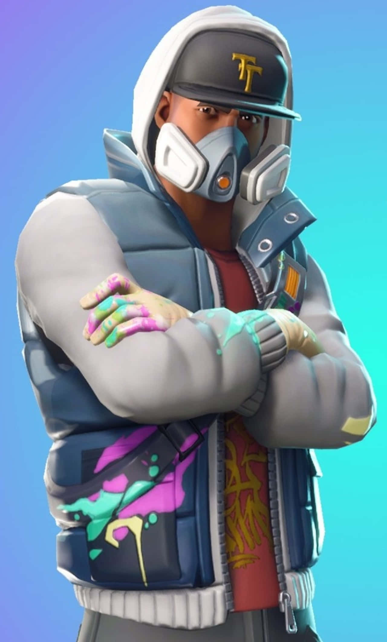 Fortnite Skins Battle Royale 桌布 壁紙 — 一個穿著連帽衫和面具的Fortnite角色自信地站立，雙手沾滿油漆，背景是藍色漸變。