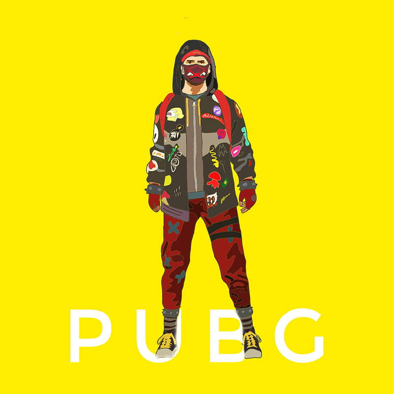 戴面具和連帽衫的玩家，黃色背景上有PUBG文字。