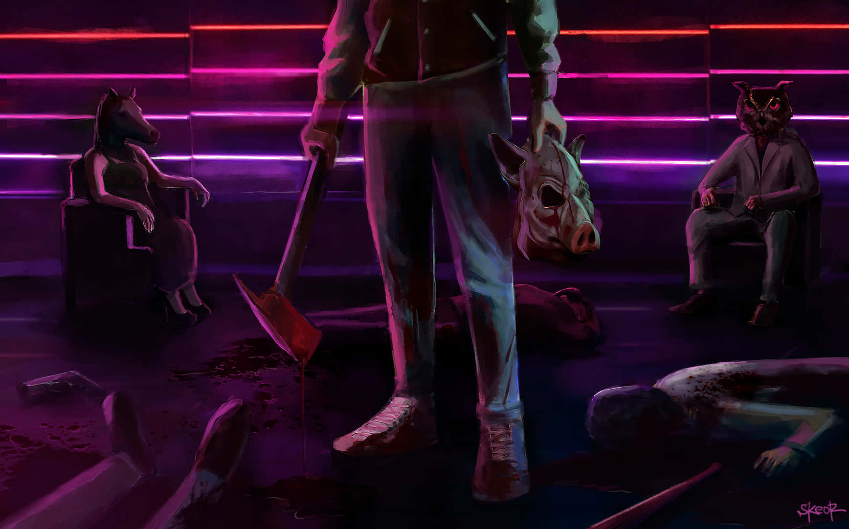 Hotline Miami 桌布 壁紙 — 一個穿著連帽衫的人物在霓虹燈房間裡拿著斧頭和豬面具，有動物頭部的人物坐著，地上有屍體。