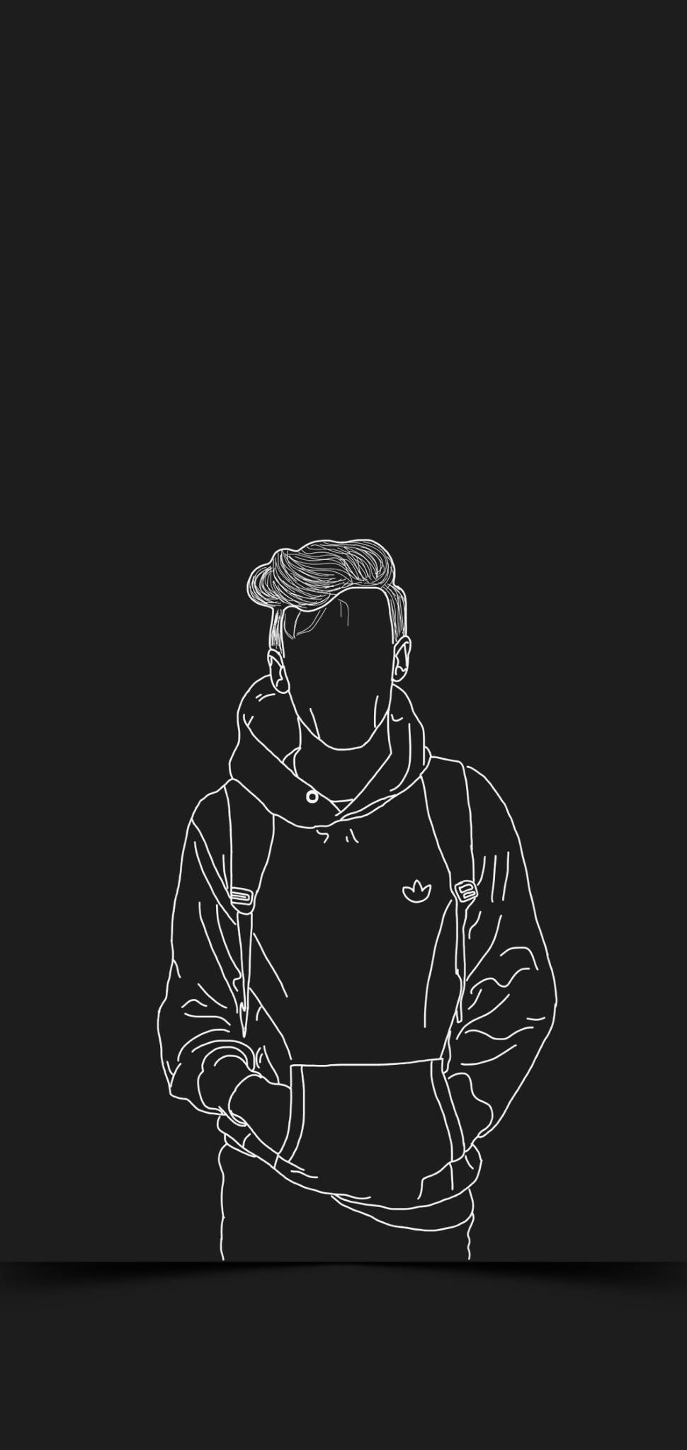 Hoodie 桌布 壁紙 — 一個穿著連帽衫的人物極簡白色線條畫，居中放置在純黑色背景上。