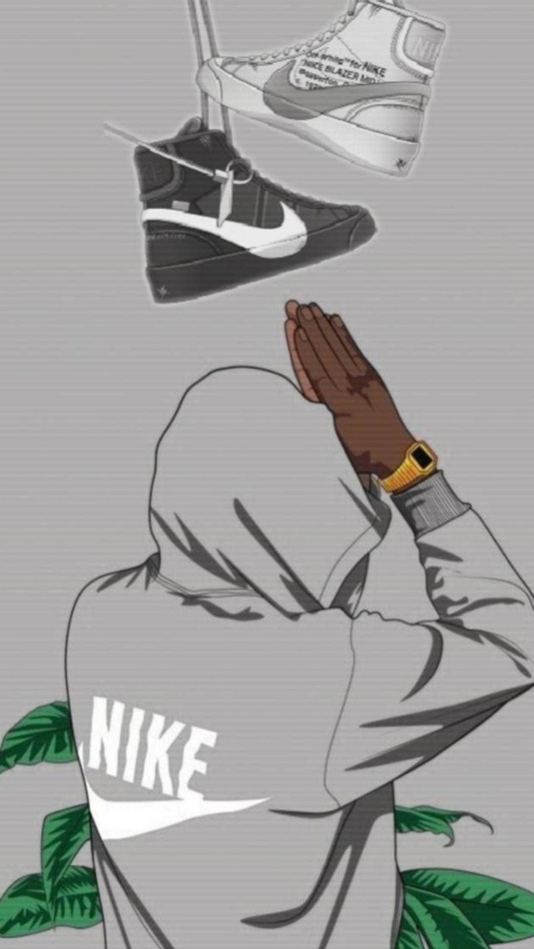 Nike 桌布 壁紙 — 一個穿著連帽衫的人物雙手合十，仰望漂浮的Nike Blazer運動鞋，背景為灰色並有綠色樹葉。