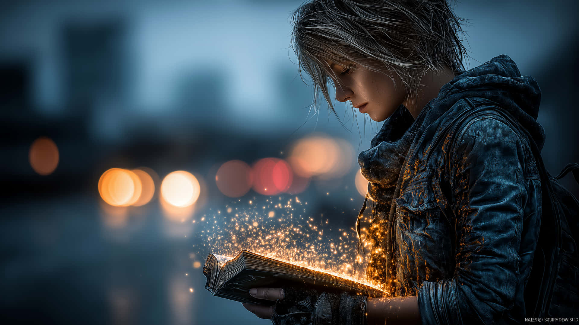 Woman Reading Glowing Book in Urban Night Rain Scene 壁紙 — 一個穿著連帽衫的年輕人正在閱讀一本發光的書，書本散發出金色火花，背景是模糊的城市夜景。