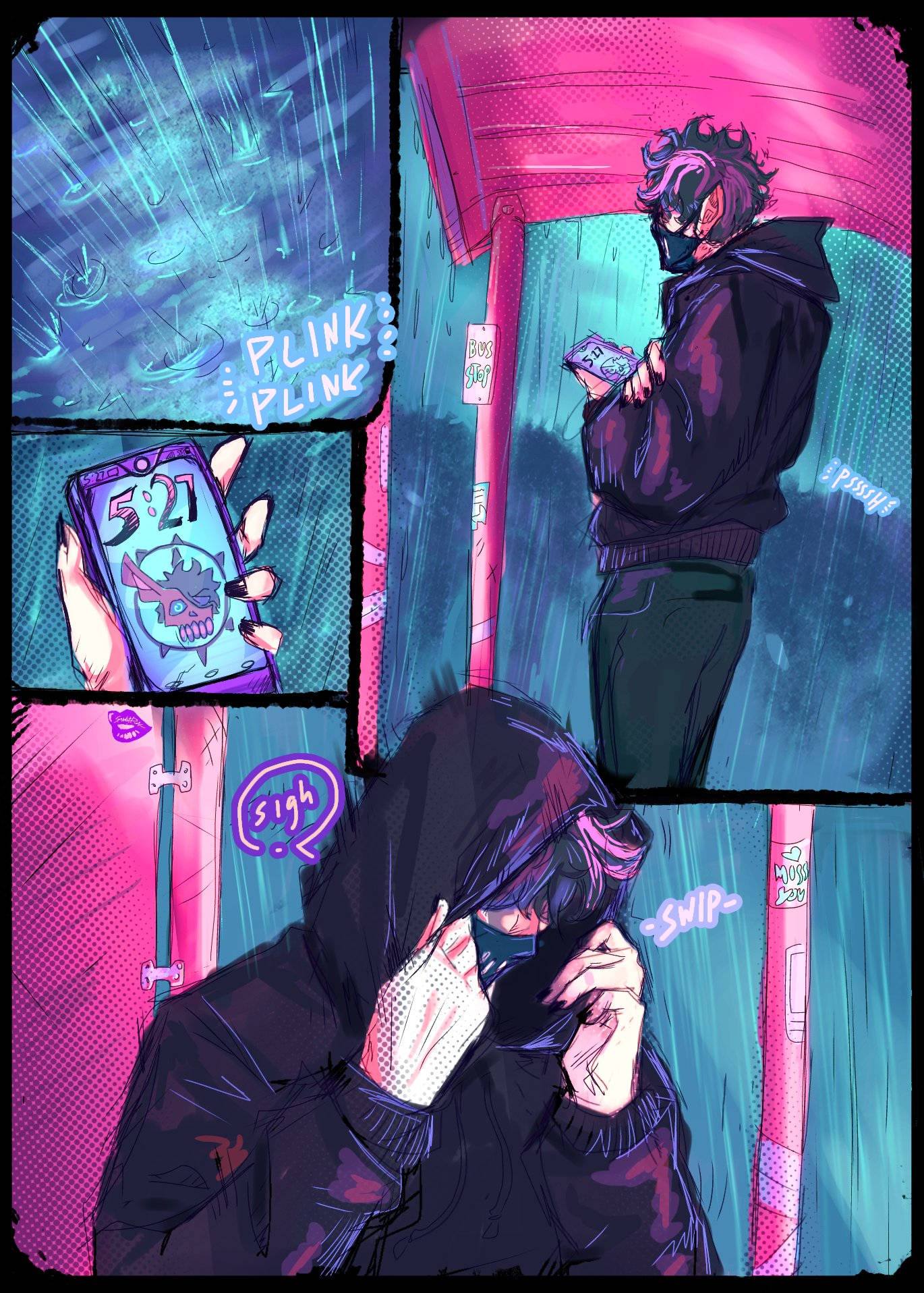 Corpse 桌布 壁紙 — 一個穿著連帽衫的年輕人站在被雨水浸透、霓虹燈照亮的小巷裡，疲憊地嘆了口氣，檢查手機，雨滴濺在玻璃上。