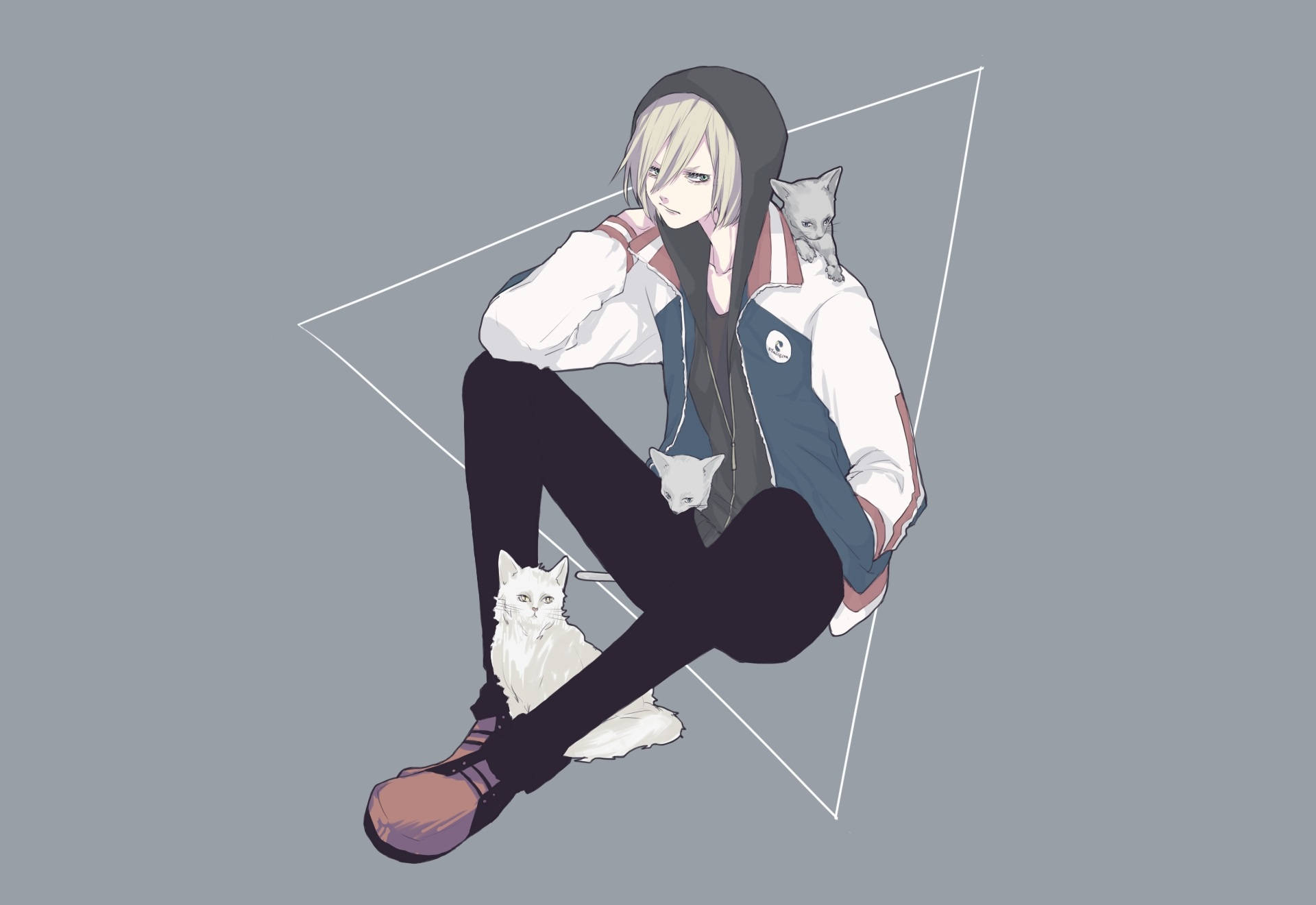 yuri 桌布 壁紙 — 一個穿著連帽衫的年輕動漫角色，盤腿坐著，與三隻貓咪一起，背景為灰色，並由白色三角形框住。