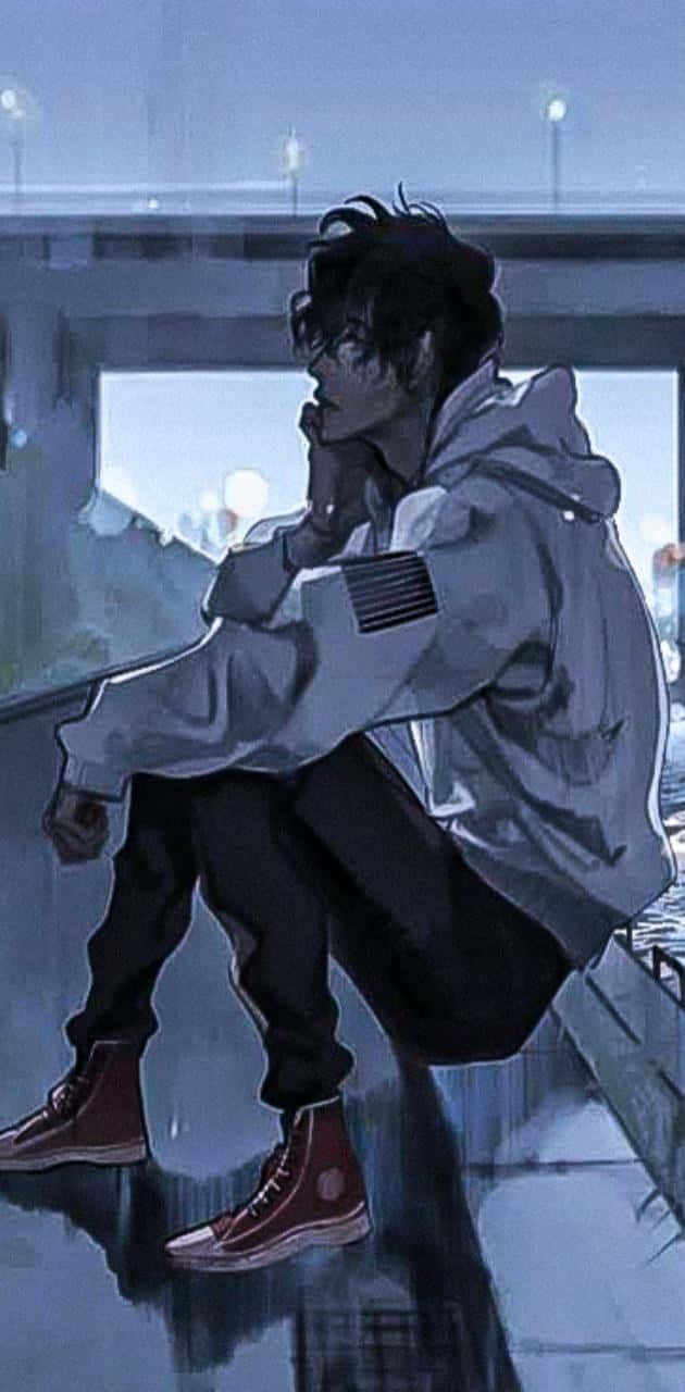 depressed anime 桌布 壁紙 — 一個穿著連帽衫的年輕男子，夜晚獨自坐在潮濕的城市邊緣，手托著下巴，在冰冷的藍光下。