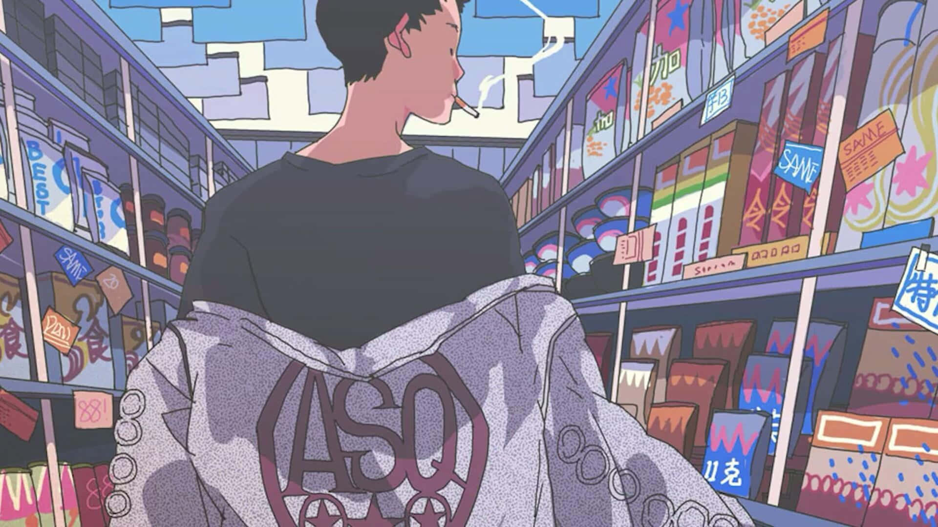 Retro Aesthetic 桌布 壁紙 — 一個穿著連帽衫的年輕男子在色彩鮮豔的動漫風格超市走道中抽煙。