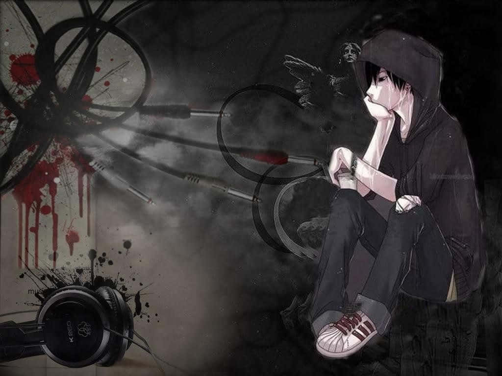 Emo Anime Boy 桌布 壁紙 — 一個穿著連帽衫的憂鬱動漫少年坐在一輛破損的自行車和沾滿血跡的耳機旁邊，場景陰暗而情緒化。