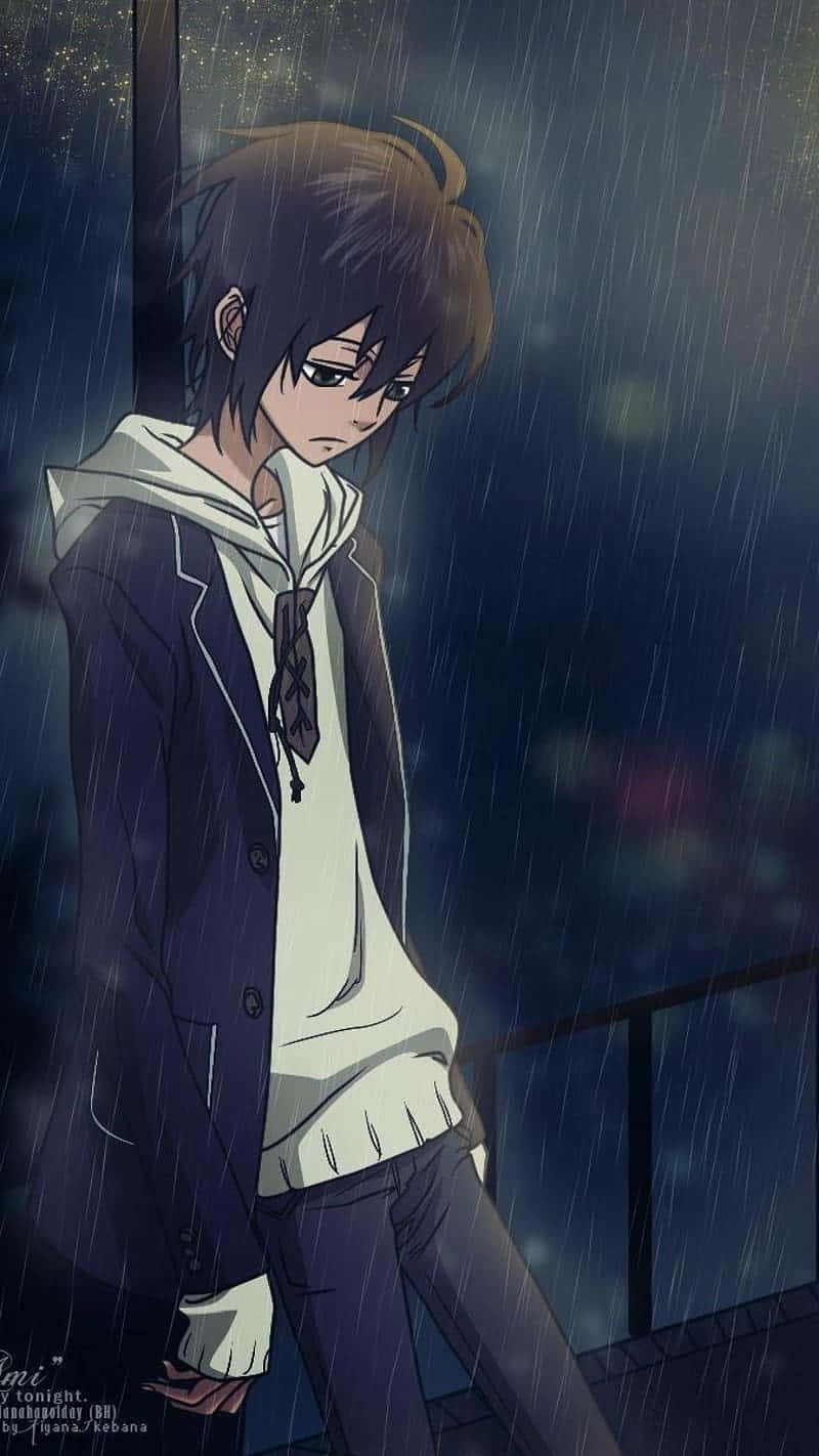 動漫男孩 桌布 壁紙 — 一個穿著連帽衫的憂鬱動漫男孩獨自站在雨夜的陽台上，雨水劃過他身後黑暗的城市燈光。