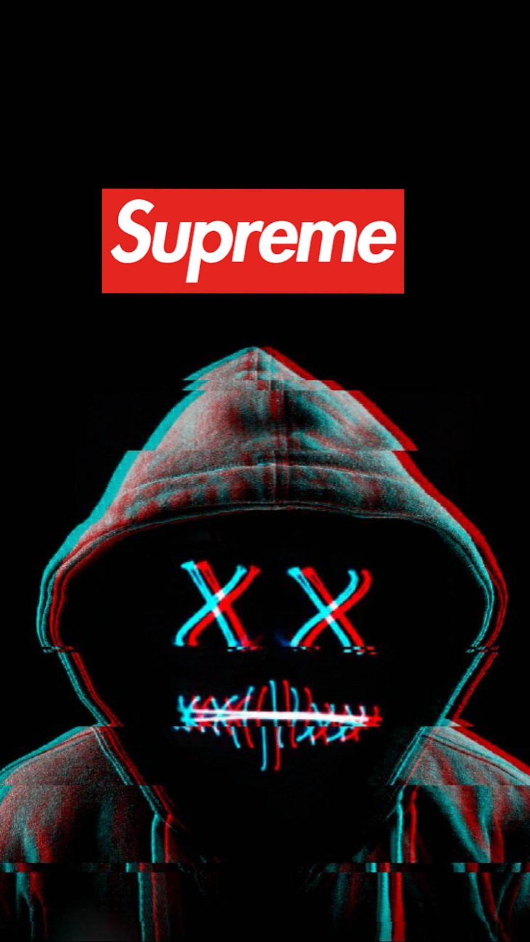 Cool Supreme 桌布 壁紙 — 一個穿著連帽衫的故障人物，擁有發光的紅色和藍色X眼睛和縫合的嘴巴，背景為黑色，帶有紅色Supreme標誌。