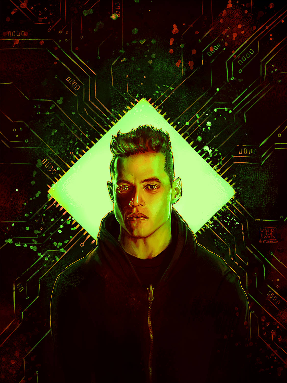 Rami Malek 桌布 壁紙 — 一個穿著連帽衫的男人凝視前方，背景是發光的綠色電路板，帶有霓虹燈點綴。