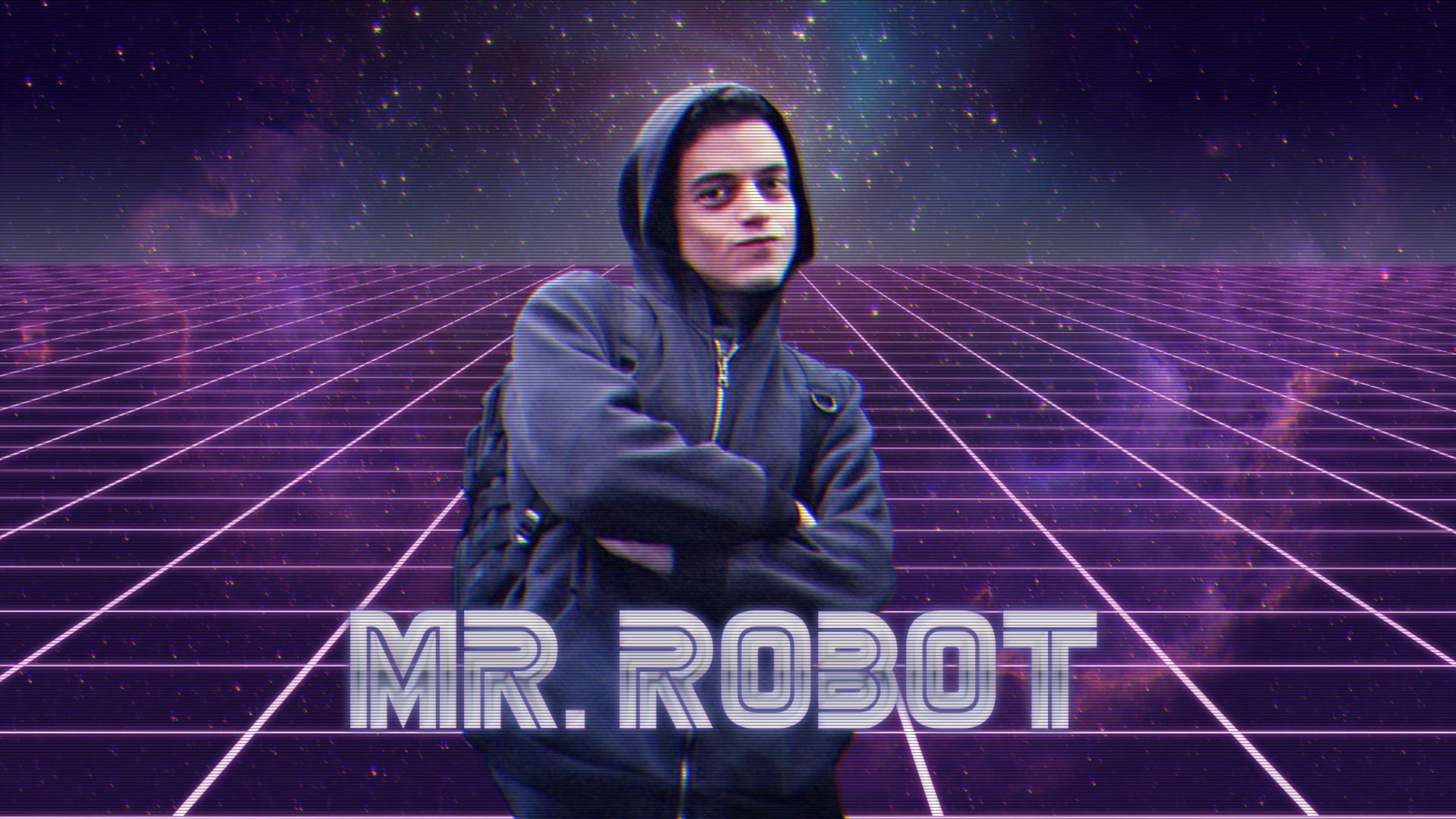 Mr Robot 桌布 壁紙 — 一個穿著連帽衫的男人自信地站在發光的紫色網格上，背景是星空數位天空，並帶有「MR. ROBOT」文字。