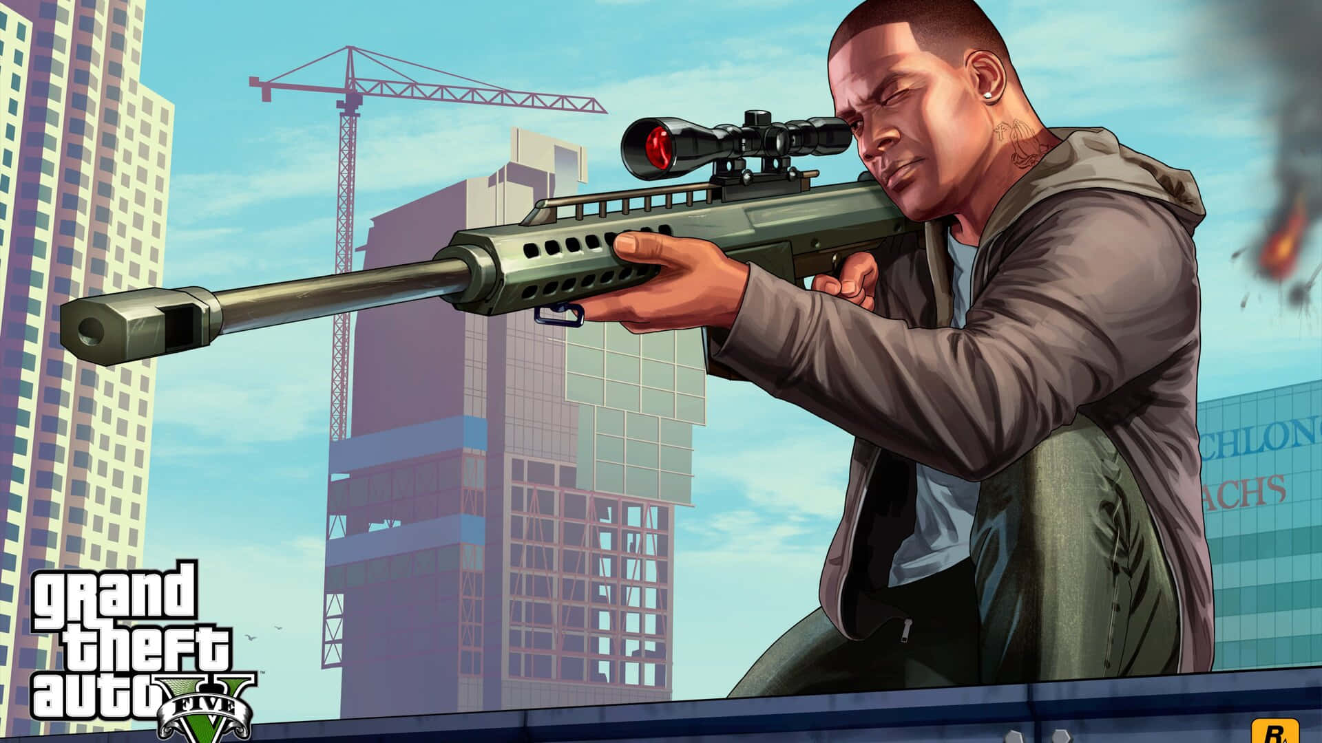 GTA V 角色從城市屋頂瞄準狙擊步槍 — GTA 5 動圖 壁紙