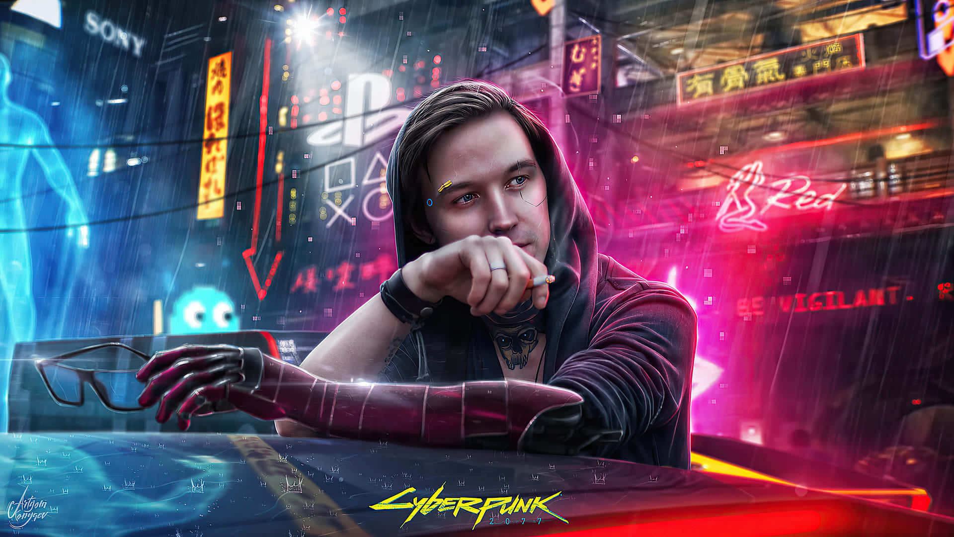 1080p Cyberpunk 2077 桌布 壁紙 — 一個穿著連帽衫的賽博龐克角色在霓虹燈閃爍的雨夜城市景觀中靠在一輛車上，周圍有發光的招牌和數位疊加效果。