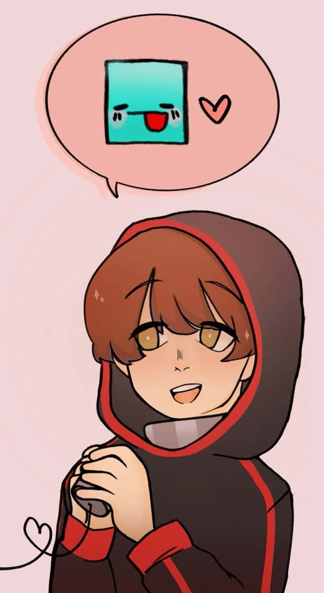 光環 桌布 壁紙 — 一個穿著連帽衫的開朗動漫角色微笑著拿著耳機，對話氣泡中顯示一個可愛的藍色方形表情符號和一顆心。