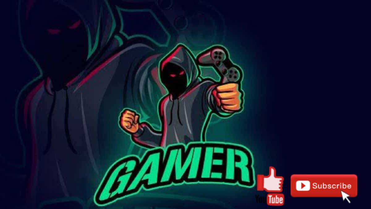 Game Art 桌布 壁紙 — 一個穿著連帽衫的風格化玩家，在深色背景上手持帶有發光霓虹綠色文字和YouTube訂閱元素的控制器。