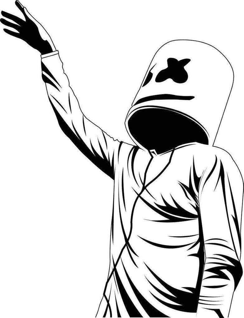 Marshmallow Dj 桌布 壁紙 — 一個穿著連帽衫的風格化黑白線條藝術人物，臉上有一個X，舉起一隻手做手勢。