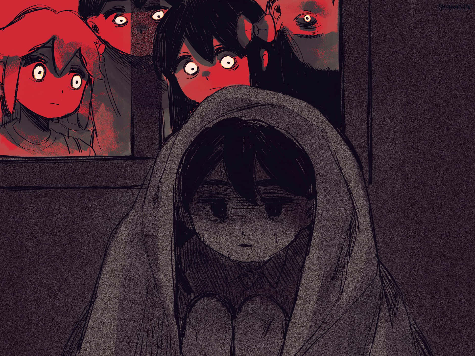 omori 桌布 壁紙 — 一個穿著連帽衫的驚恐動漫女孩躲藏著，避開透過窗戶凝視的詭異紅臉人物。