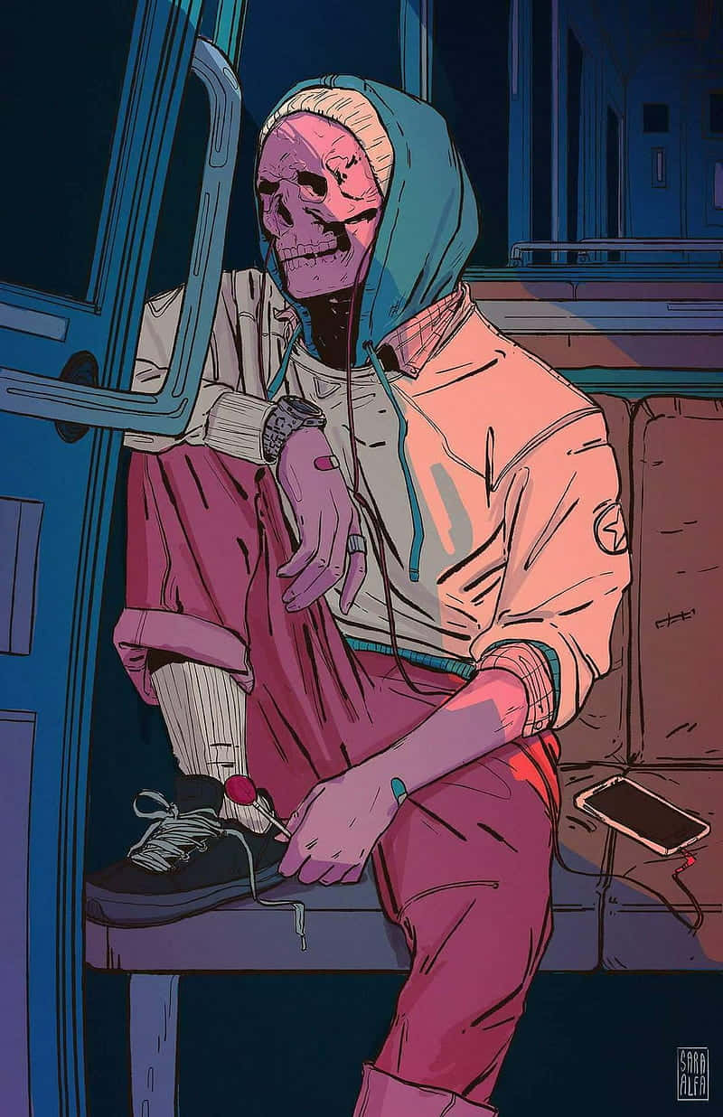 emo 桌布 壁紙 — 一個穿著連帽衫的骷髏人物在夜晚坐在地鐵長椅上，拿著一支帶有霓虹粉紅和藍色燈光的棒棒糖。