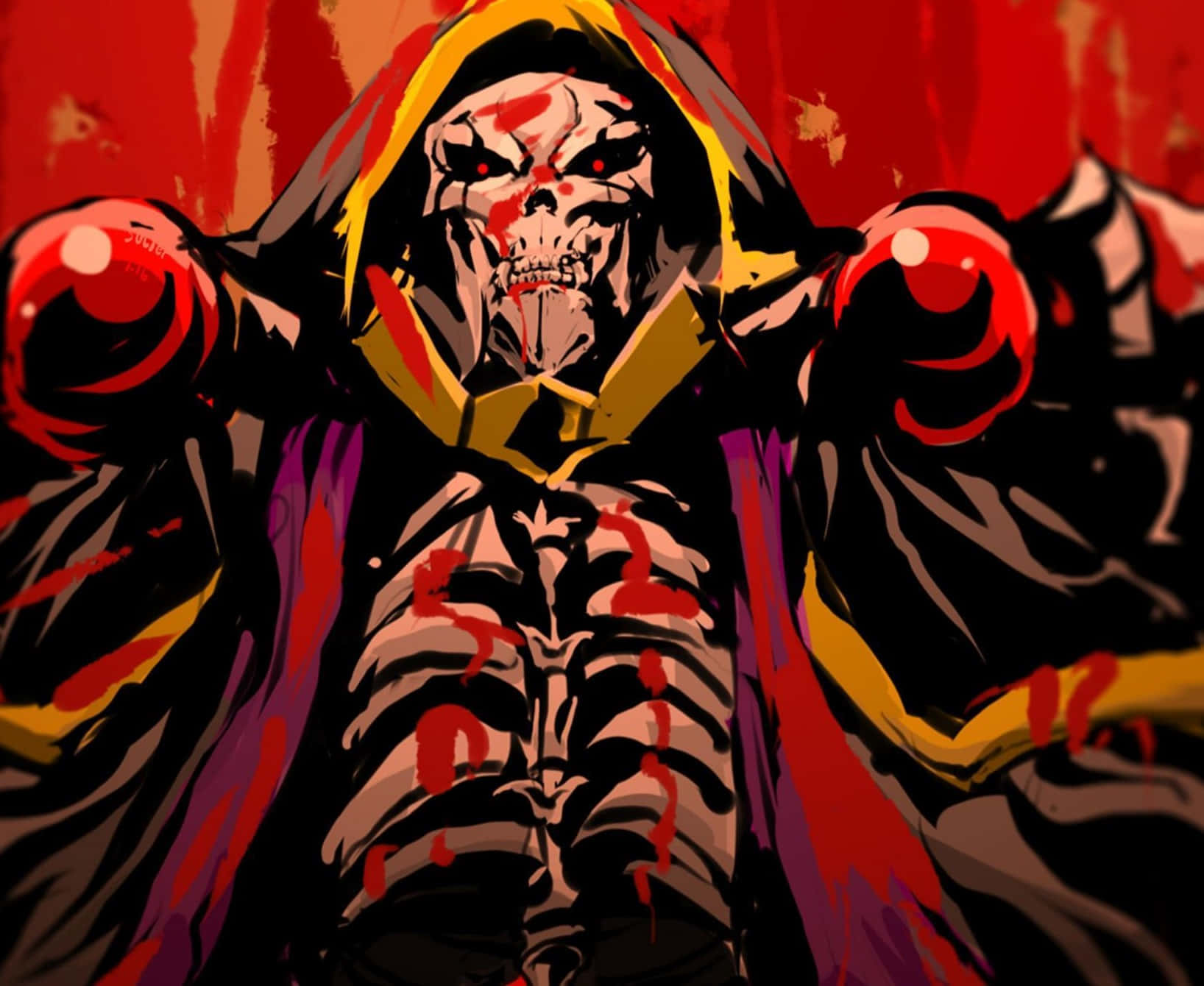 Overlord 桌布 壁紙 — 一個穿著連帽長袍的可怕骷髏形象，帶有發光的紅色眼睛和血跡，背景是火紅色的。