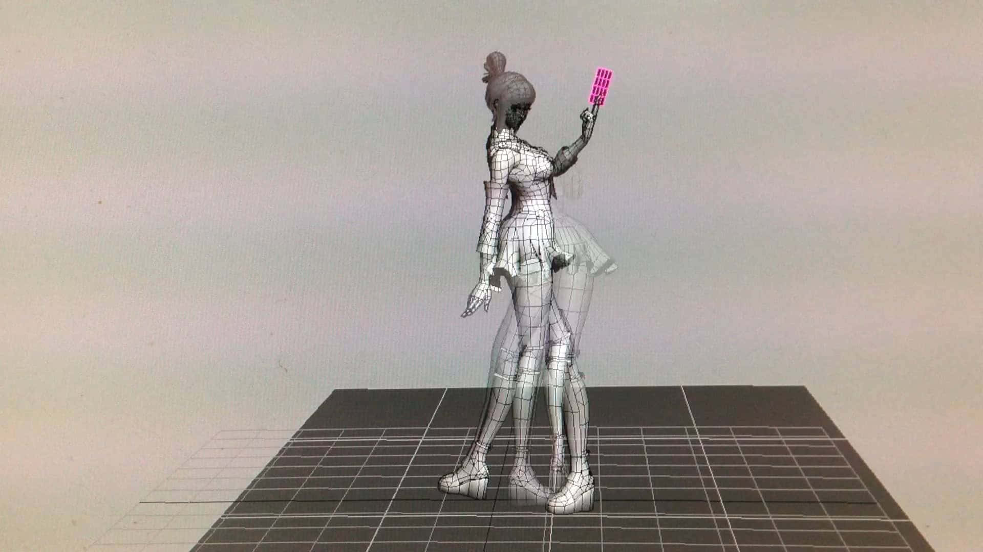 Game Animation 桌布 壁紙 — 一個穿著連衣裙、在網格地板上拿著粉紅色電話的女性角色的線框3D模型。