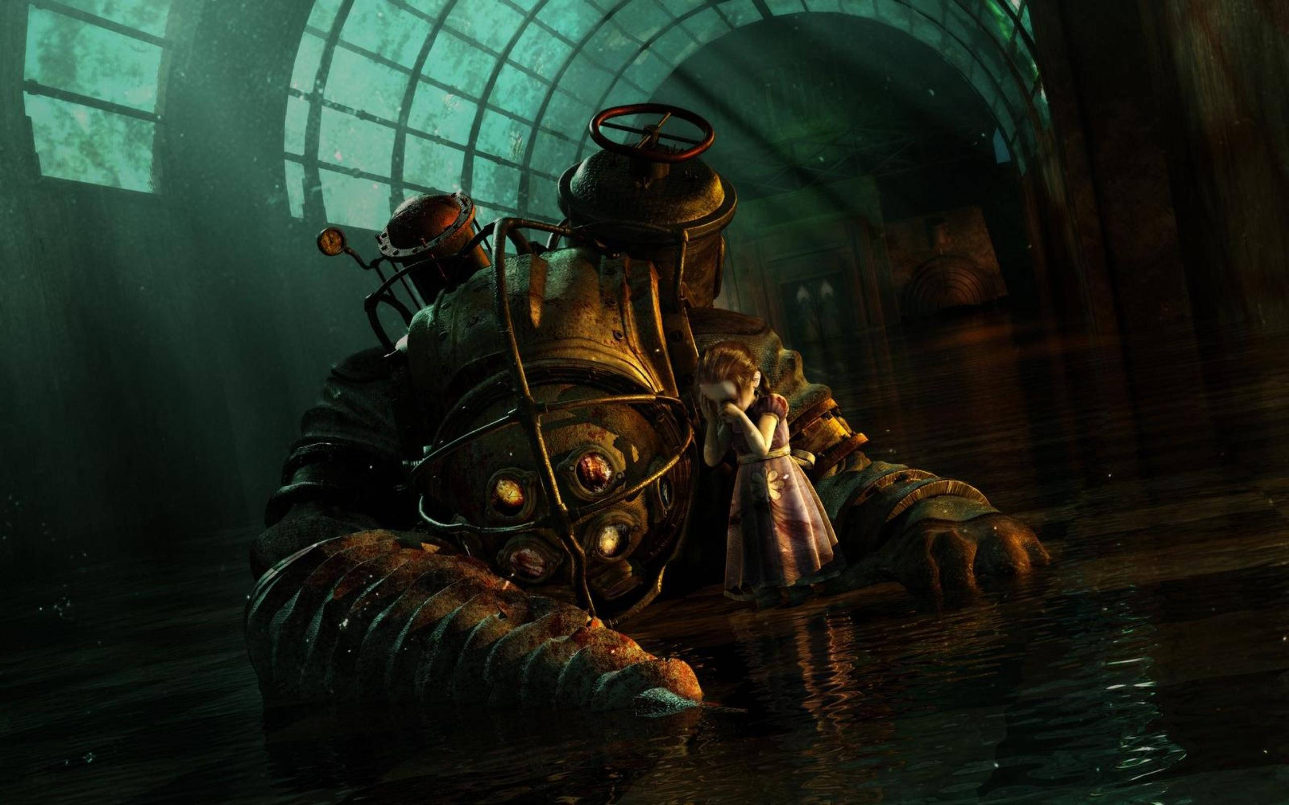 bioshock 4K 桌布 壁紙 — 一個穿著連衣裙的孩子站在一個巨大的生鏽潛水服旁邊，潛水服淹沒在破碎拱形窗戶下的渾水中。