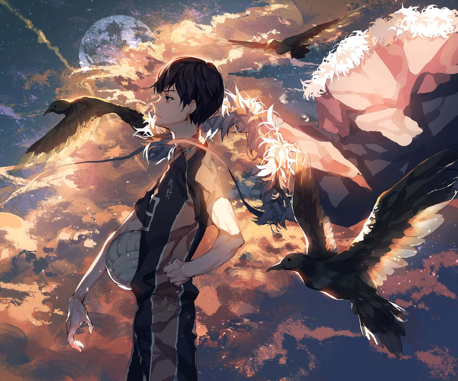 Haikyuu Fan Art 桌布 壁紙 — 一個穿著運動球衣的年輕動漫男孩抱著排球，鳥兒在充滿活力的夕陽天空和發光的月亮中翱翔。