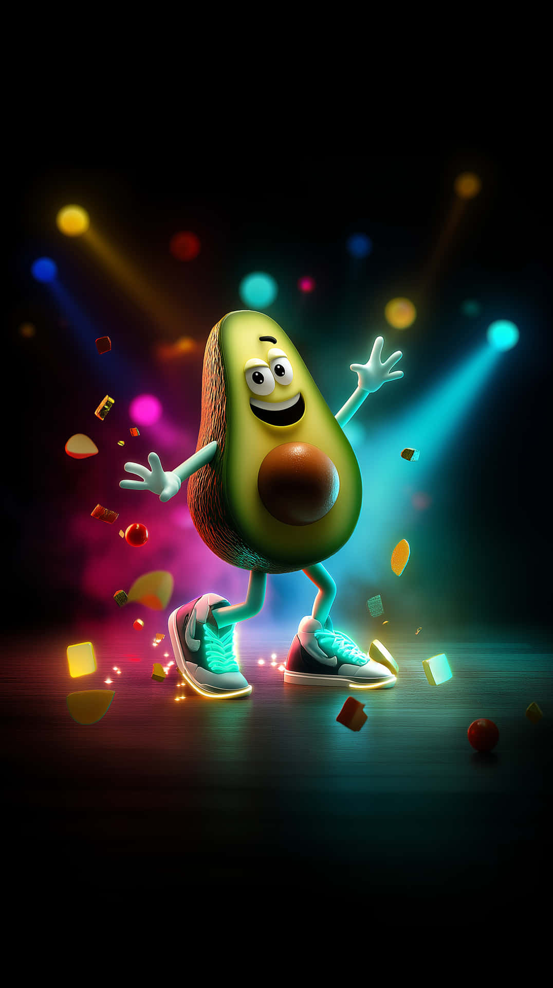 Joyful Avocado Character Grooving with Luminous Footwear 壁紙 — 一個穿著運動鞋的開心卡通酪梨在色彩繽紛的舞台燈光下跳舞，周圍有五彩紙屑飛舞。