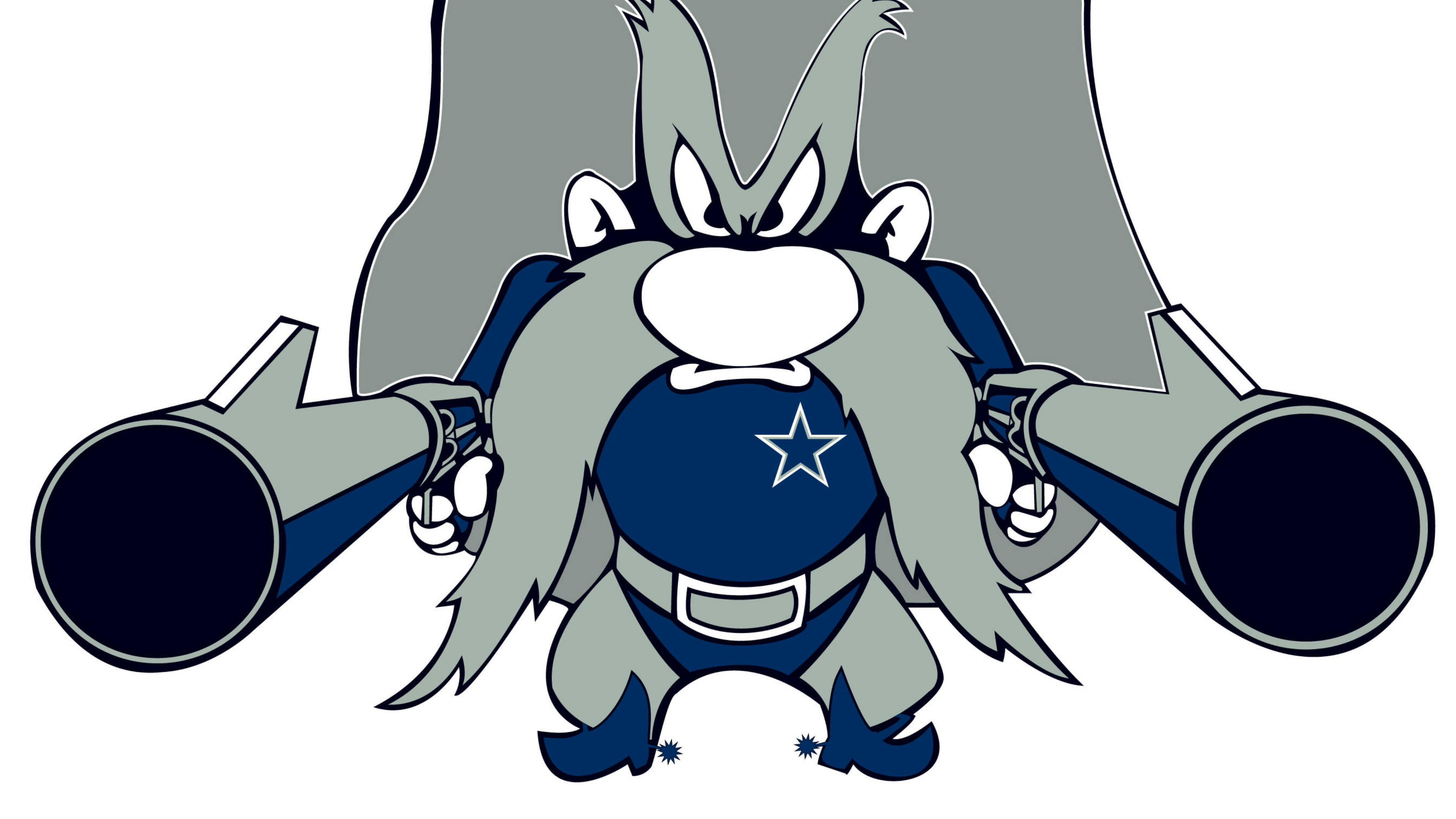 Yosemite Sam 桌布 壁紙 — 一個穿著達拉斯牛仔隊裝備的卡通狼吉祥物，憤怒地拿著兩門大砲。