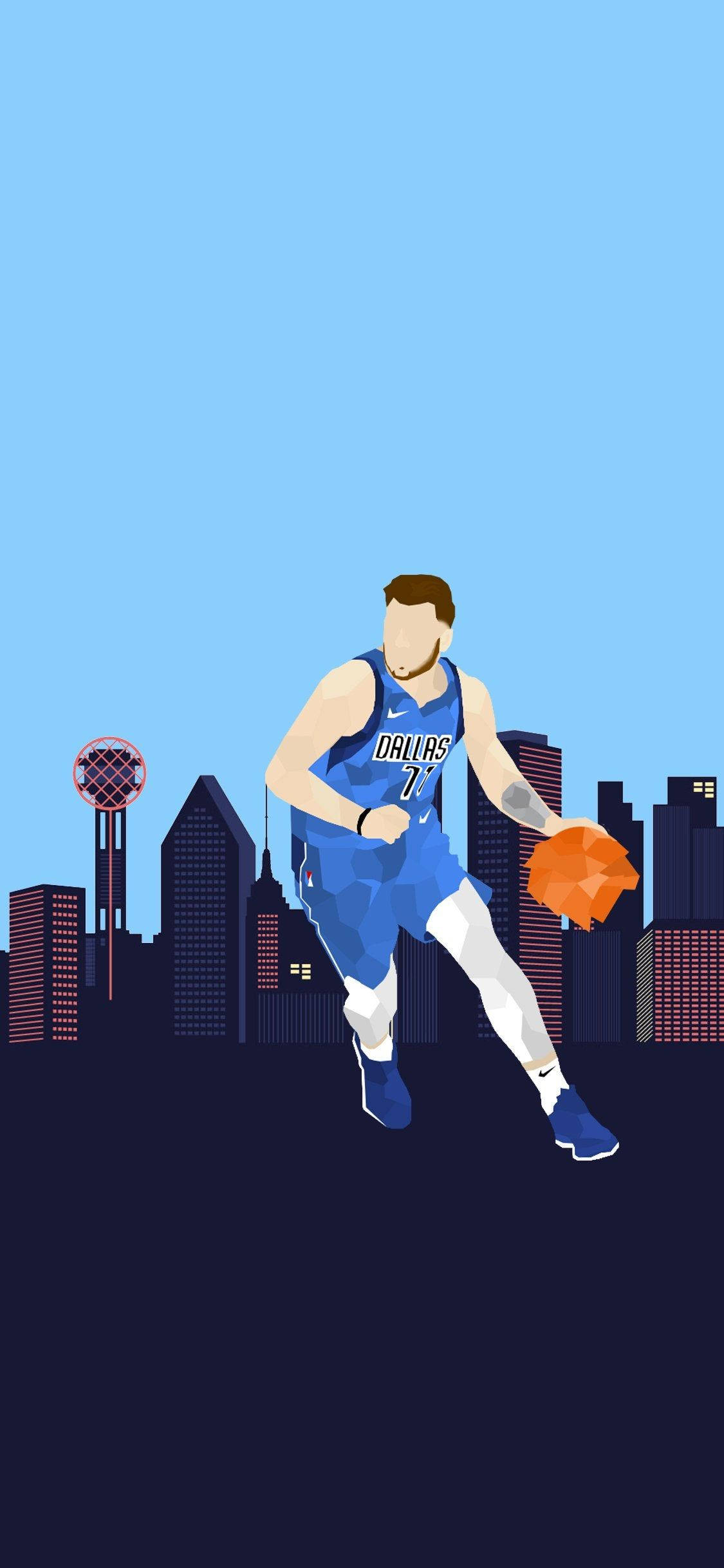 Luka 桌布 壁紙 — 一個穿著達拉斯球衣的風格化籃球運動員在晴朗藍天下，對著城市天際線運球。