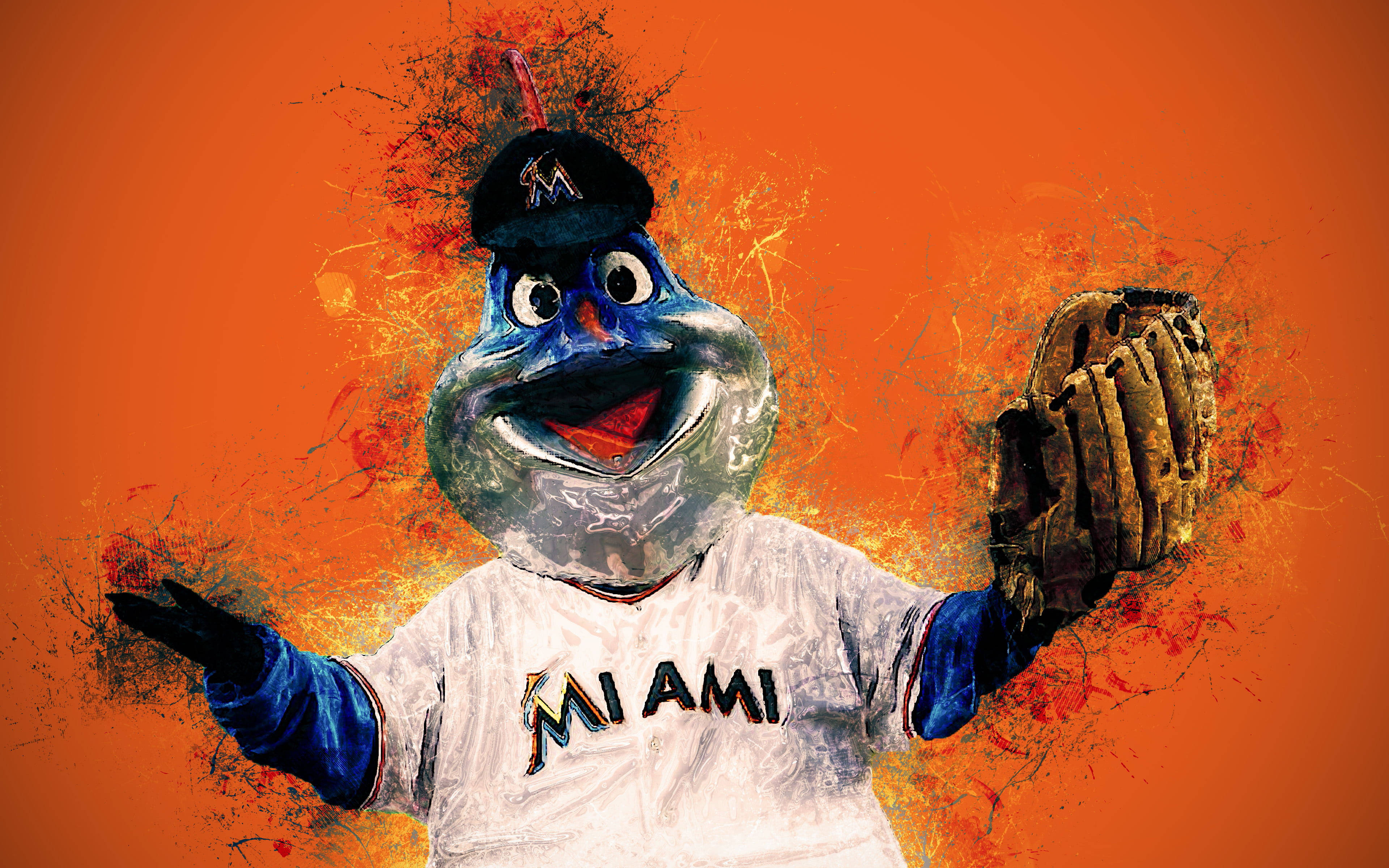Marlins 桌布 壁紙 — 一個穿著邁阿密隊服的充滿活力的藍色棒球吉祥物，在橙色潑濺背景上咧嘴大笑。