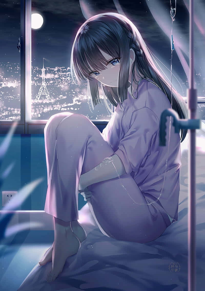 動漫女孩 桌布 壁紙 — 一個穿著醫院睡衣的年輕動漫女孩蜷縮在床上，帶著靜脈滴注，凝視窗外滿月下的巴黎夜景。