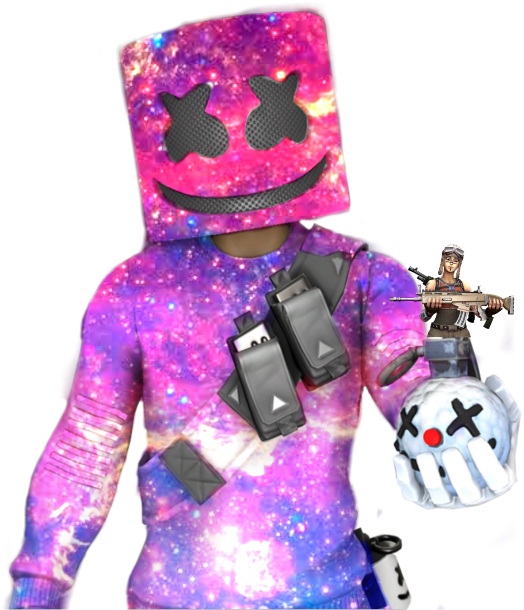 Marshmello 動態圖 桌布 壁紙 — 一個穿著銀河主題Marshmello頭盔和服裝的角色，手持手榴彈和槍，旁邊有一位女兵。