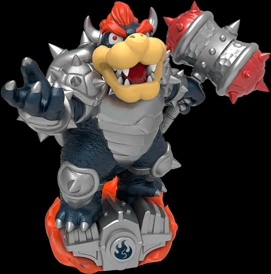 bowser 桌布 壁紙 — 一個穿著銀色盔甲的威脅性庫巴公仔揮舞著帶刺的錘子，站在黑色背景的火焰底座上。