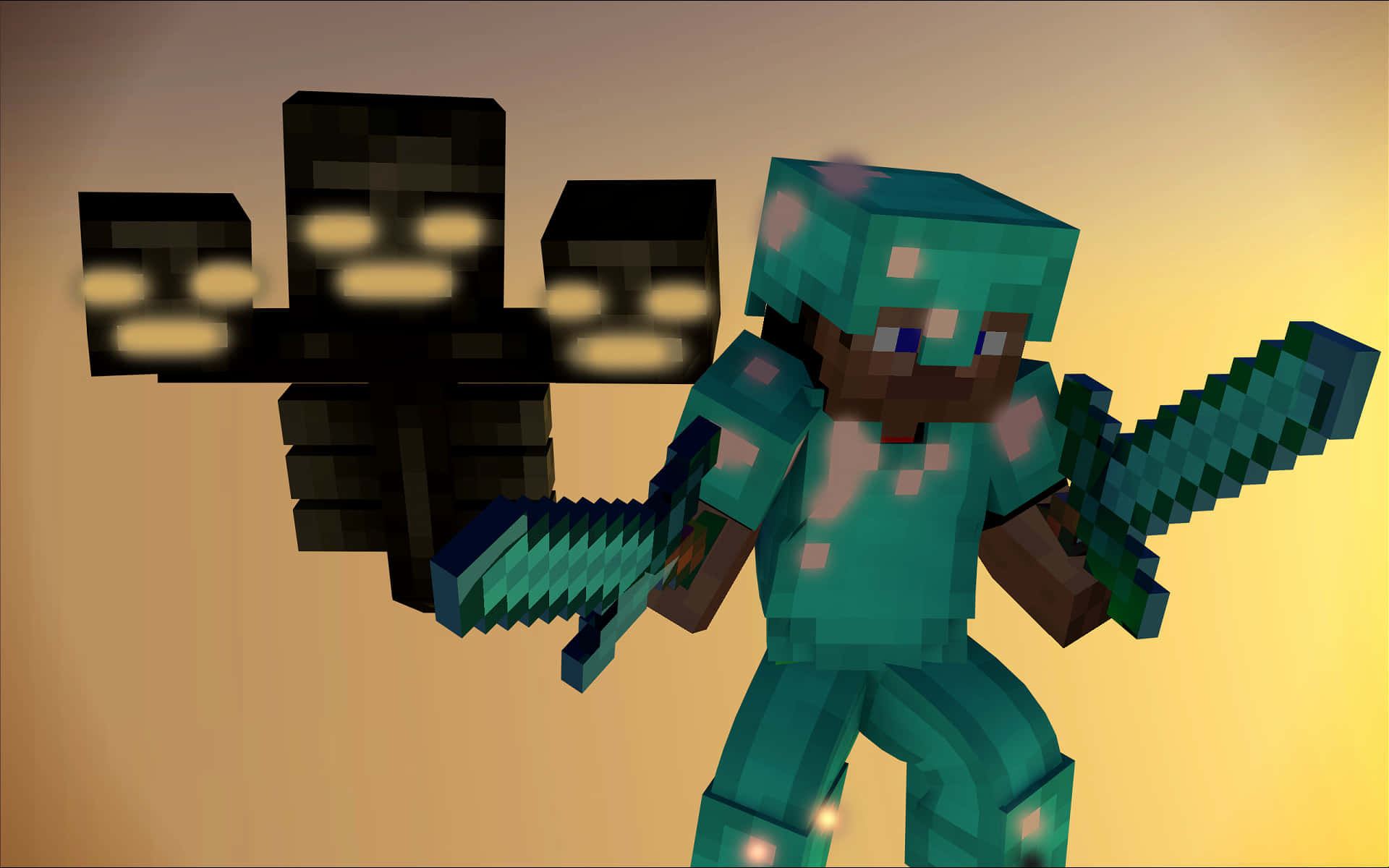Shadows 桌布 壁紙 — 一個穿著鑽石盔甲的Minecraft玩家揮舞著鑽石劍，面對一個陰影般的Enderman，背景是溫暖的漸變色。