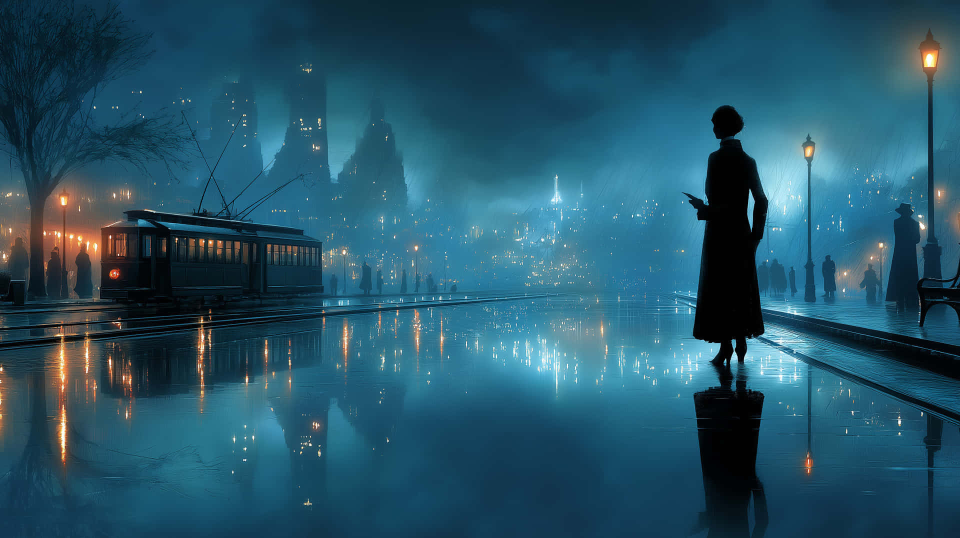 Melancholy Woman in Twilight Rain with City Reflections 壁紙 — 一個穿著長外套的孤獨身影站在夜晚被雨水浸濕的城市街道上，一輛復古電車在發光路燈下駛過，燈光倒映在濕漉漉的路面上。