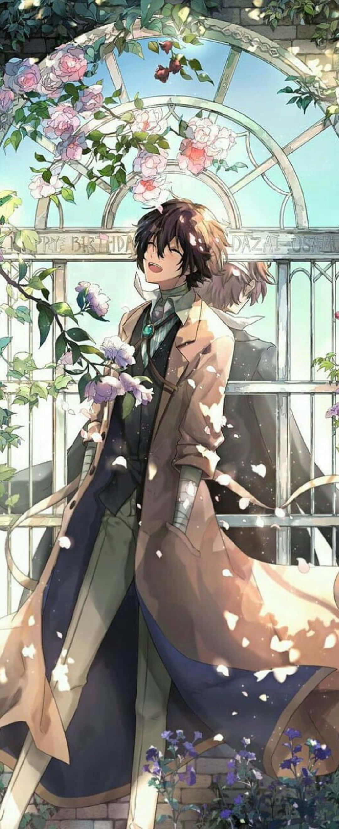 1080x2636 桌布 壁紙 — 一個穿著長外套的年輕動漫男孩站在花卉拱形窗下，花瓣在他周圍飄落。