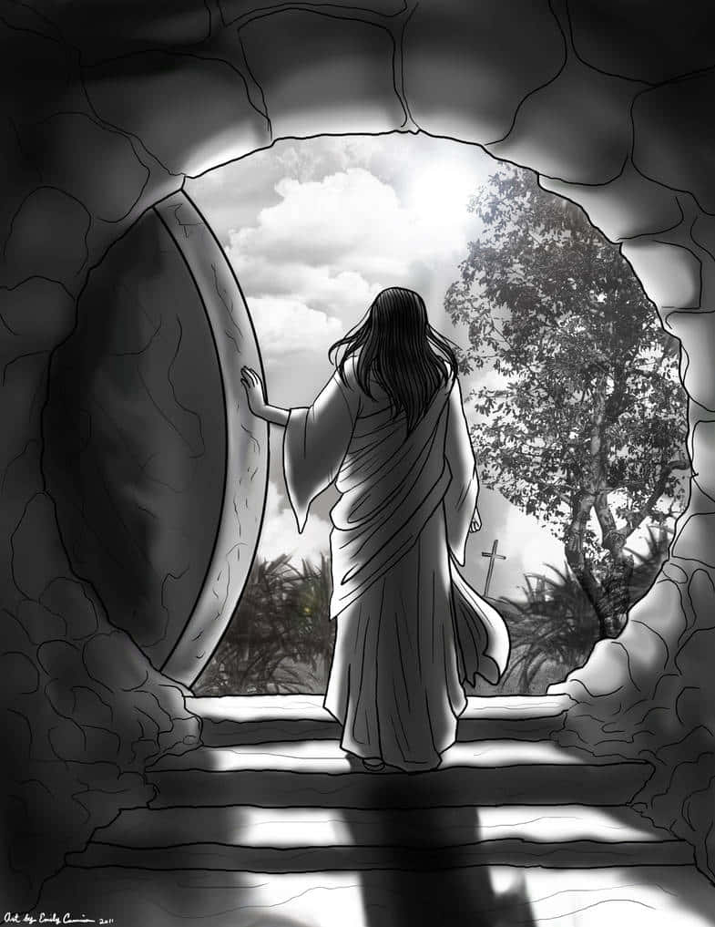 Resurrection 桌布 壁紙 — 一個穿著長袍的人物站在石墓的門檻上，推開蓋子，露出一個有樹木和十字架的明亮戶外場景。