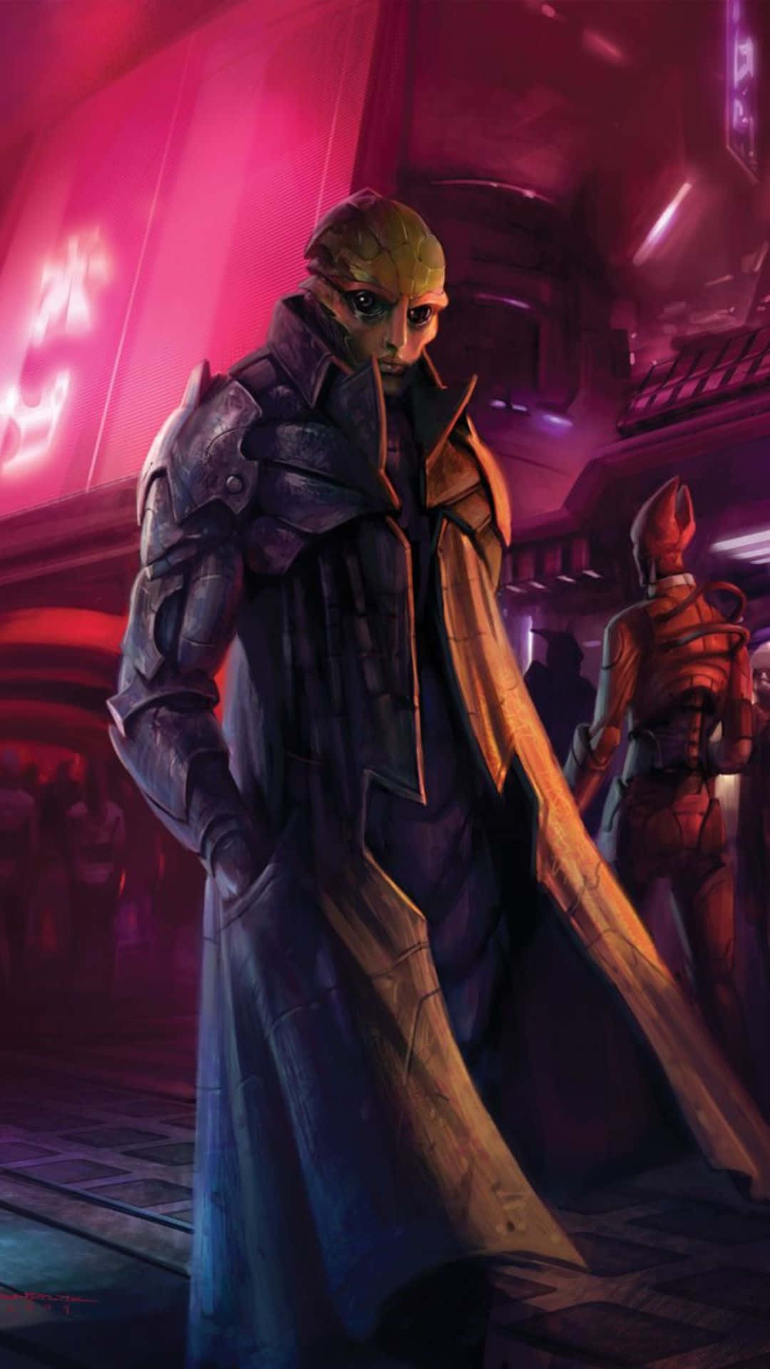 Thane Krios 桌布 壁紙 — 一個穿著長風衣的高大外星人站在一條充滿霓虹燈的未來主義小巷中，燈光呈現粉紅色和紫色。